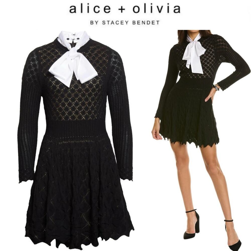 ALICE + OLIVIA Gin Pointelle Lace Wool Blend Mini Black Dress Size medium - Picture 2 of 16